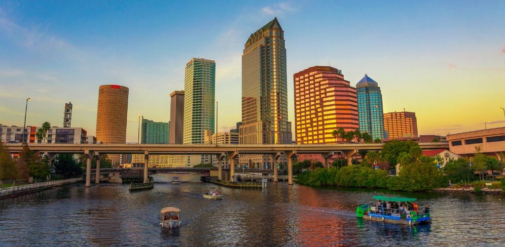 Tampa Skyline at Sunset with Tourist Boats on the Hillsborough River