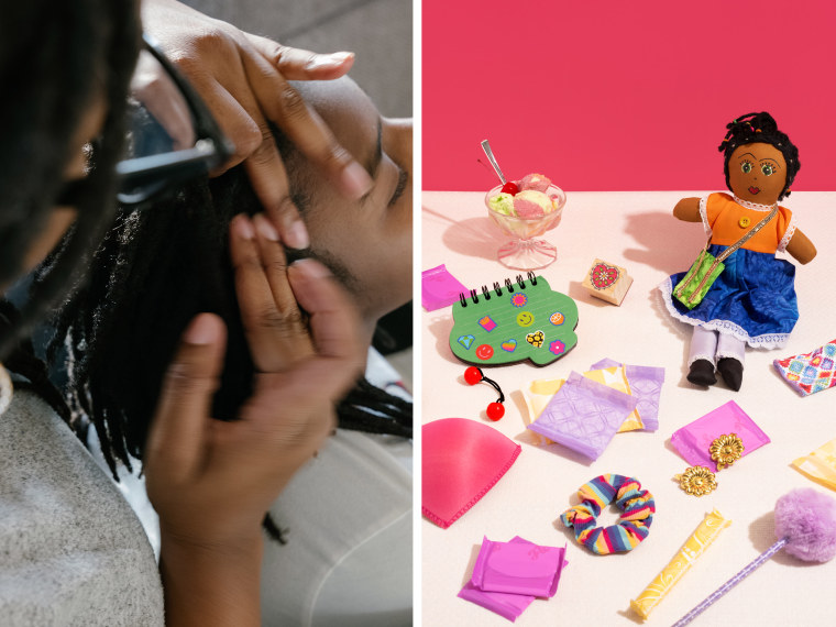 Left: Jennifer Benton twists her daughter Olivia's hair at their home. Right: Photo illustration of various childhood, girlhood and puberty items including hair bobbles, ice cream, stickers, a brown doll.