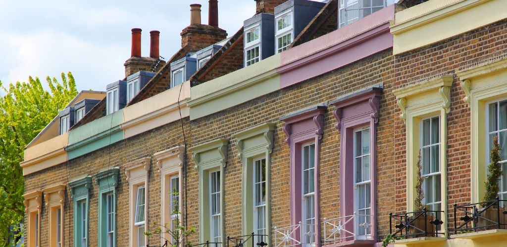 Colorful houses in Camden Town district in London. 