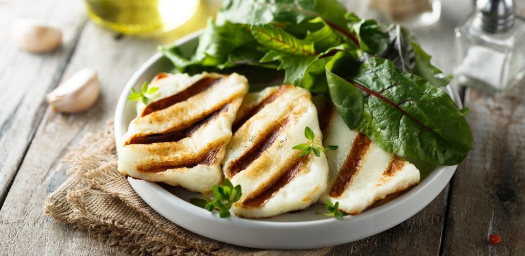 Grilled halloumi cheese with a fresh green salad. 