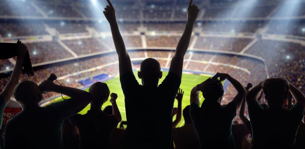 A long-range shot of a stadium field, floodlights and seating. A green field, with painted white lines, is visible in the foreground. On the foreground a group of fans is celebrating a goal. In the background are diffuse out-of- focus stadium seats. Large,