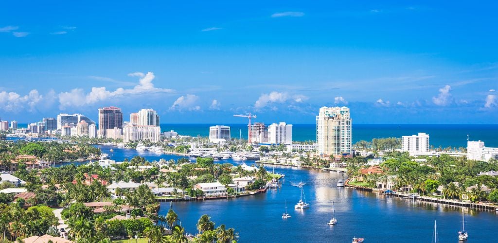 Fort Lauderdale, Florida, skyline over Barrier Island. 