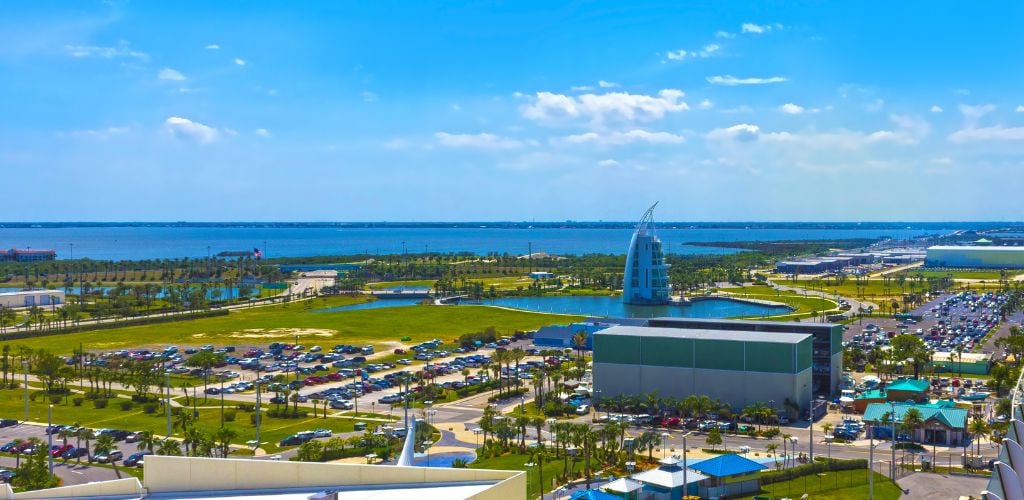 Cape Canaveral, USA. The aerial view of Port Canaveral, huge parking lot, and sea in the distance. 