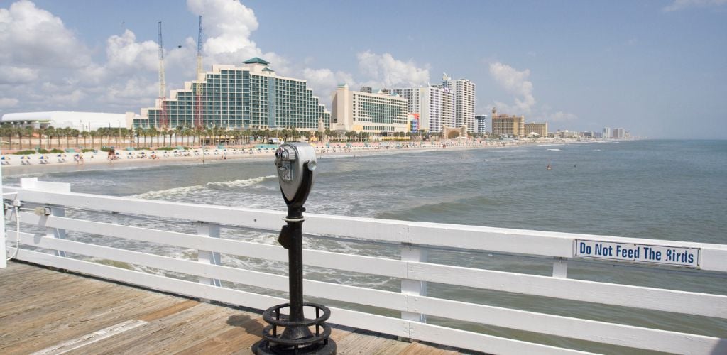 Daytona Beach Viewfinder. A hotel building, trees on the shore on the far sight. 