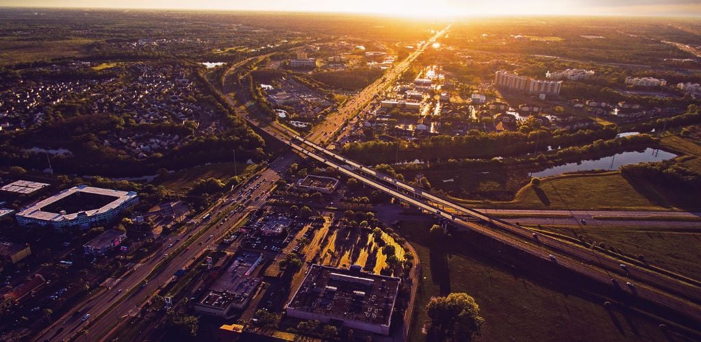 Aerial view of sunset over Kissimmee Florida city. 