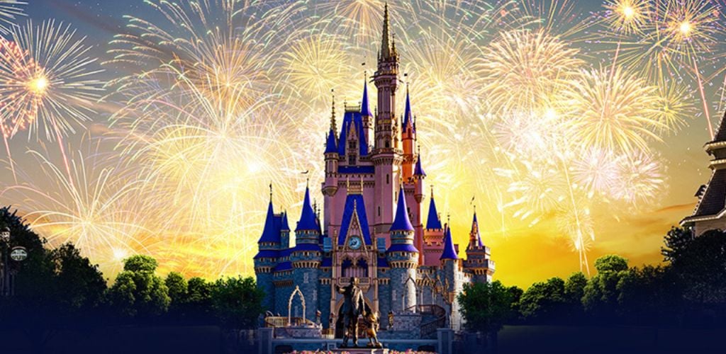 On the front, there is a Walt Disney World castle and a statue, with fireworks in the background. 