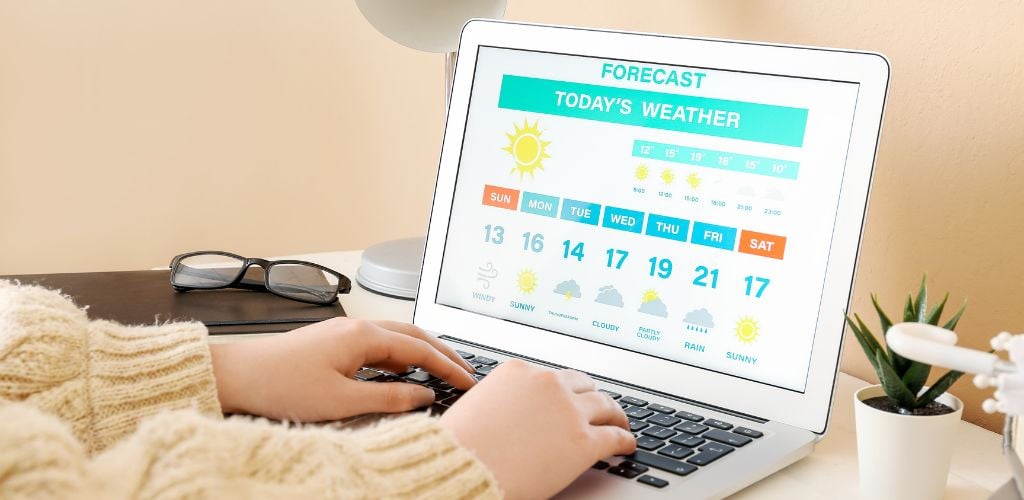 Woman with Laptop Checking Weather Forecast at Table, Closeup