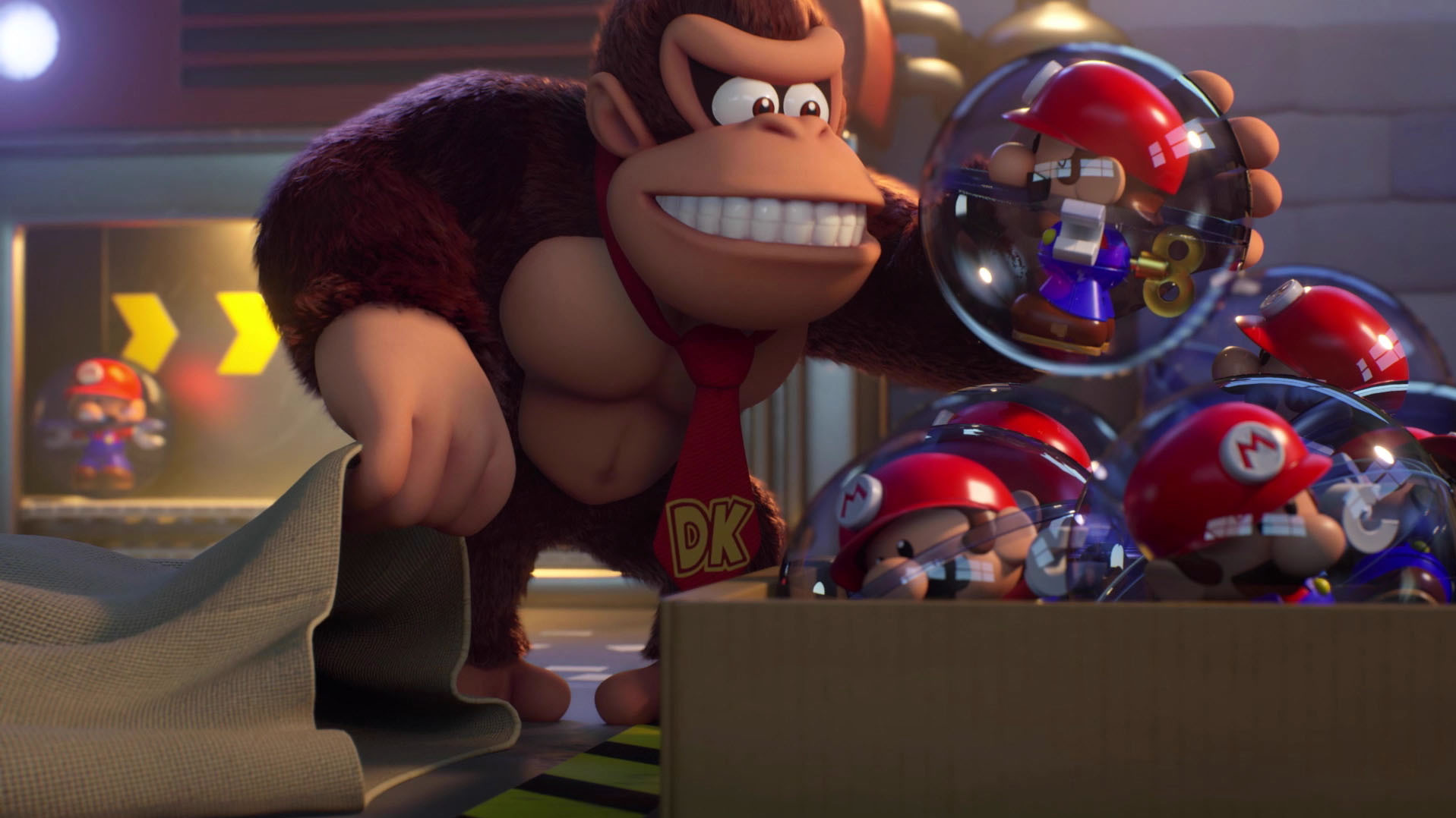 Donkey Kong, possessed by a consumerist frenzy for Mini-Mario toys.