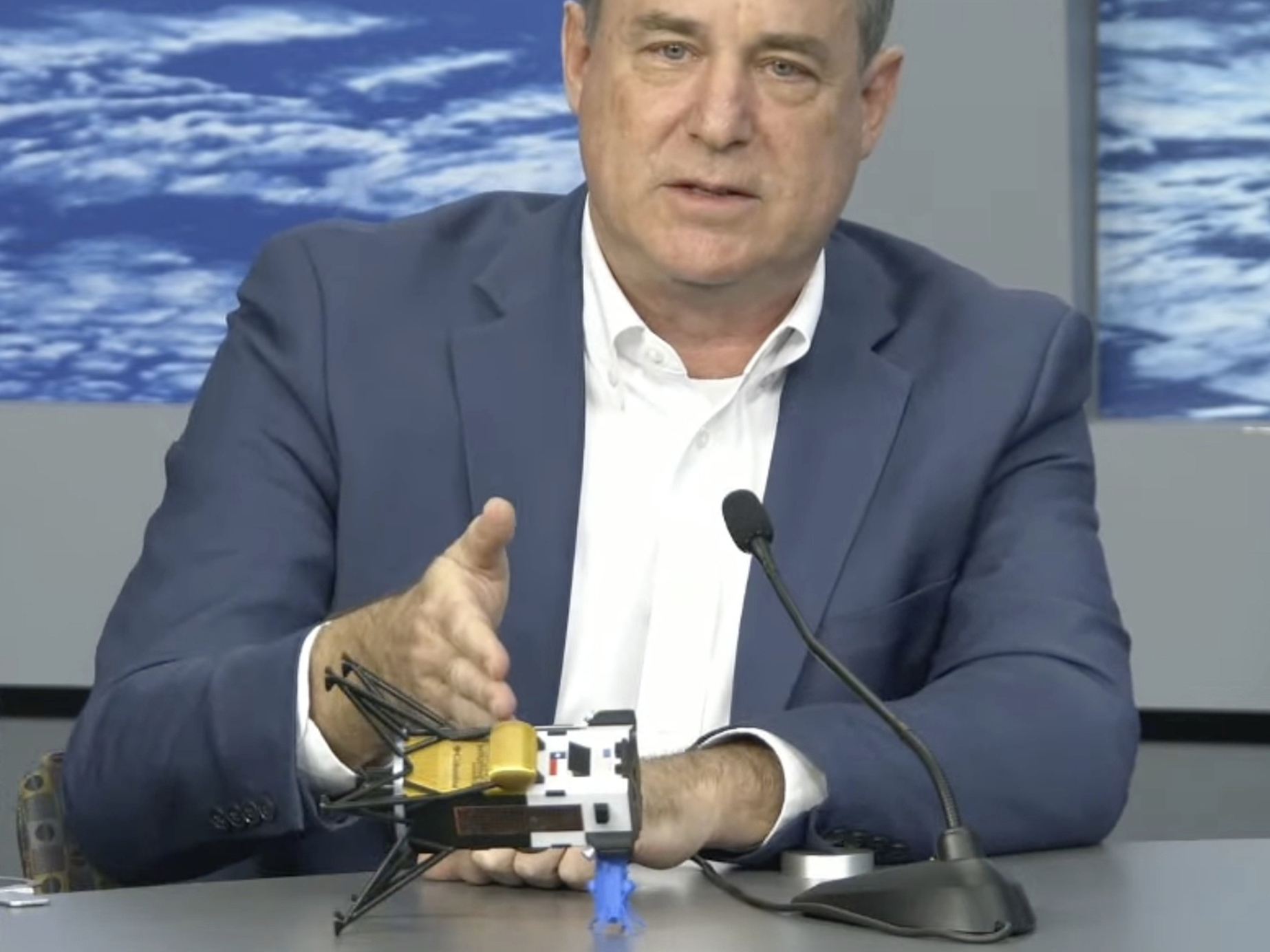 In this image from video provided by NASA, Steve Altemus, CEO and co-founder of Intuitive Machines, describes how it is believed the company