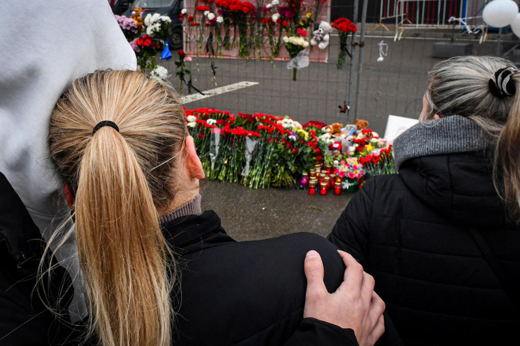 A makeshift memorial in front of the Crocus City Hall in Moscow.