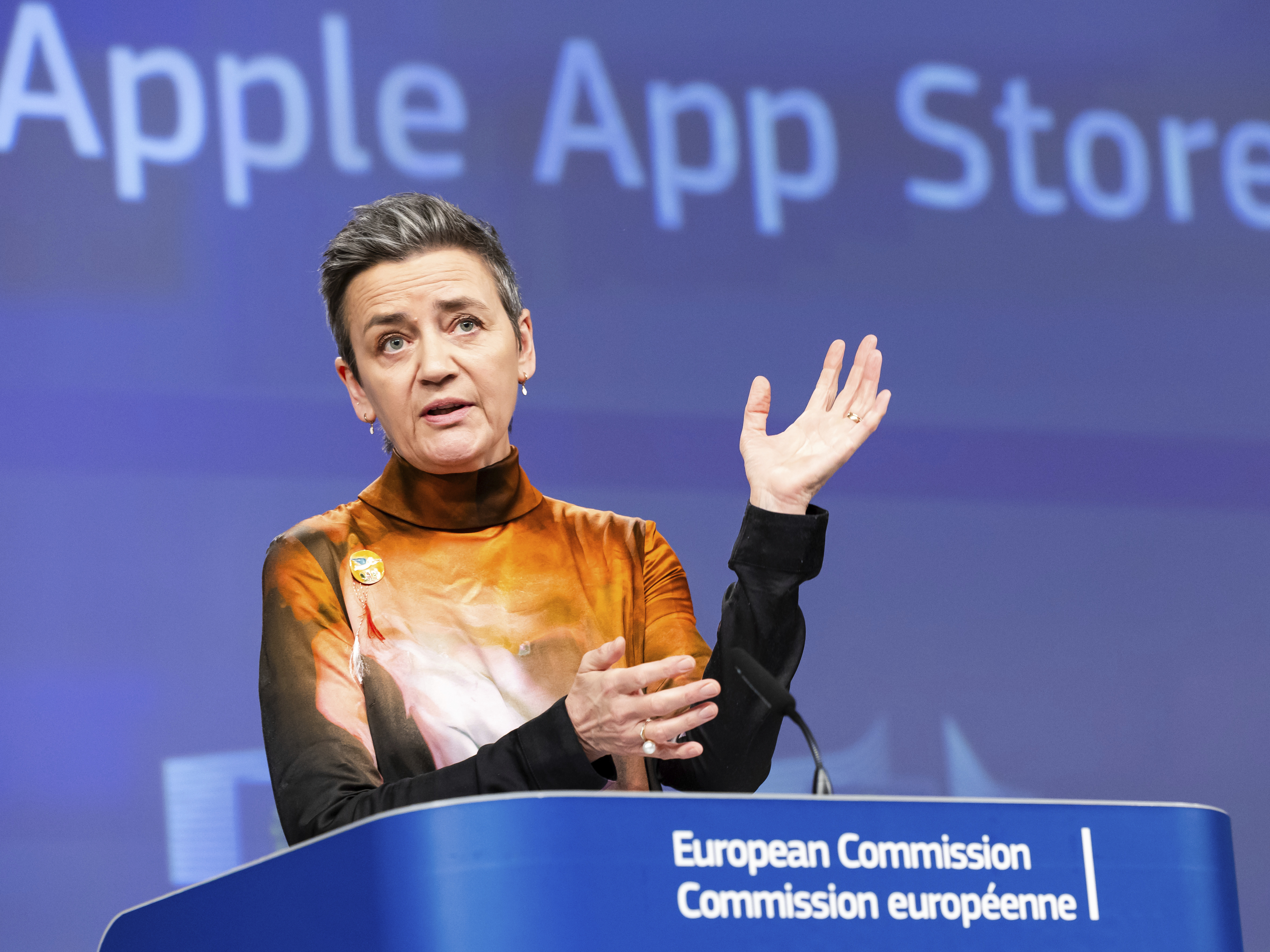 EU Commission vice president Margrethe Vestager addresses the media about Apple Music streaming services at EU headquarters in Brussels on Monday.