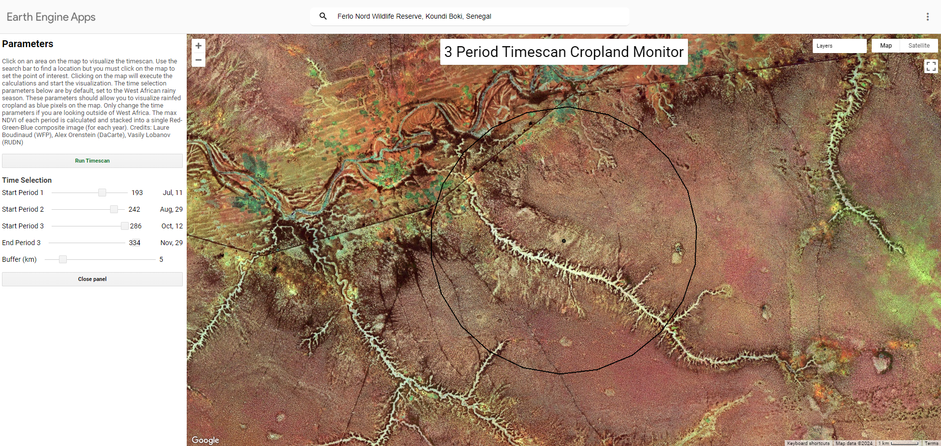 false color image of a 3 Period Timescan Cropland Monitor built with Earth Engine Apps