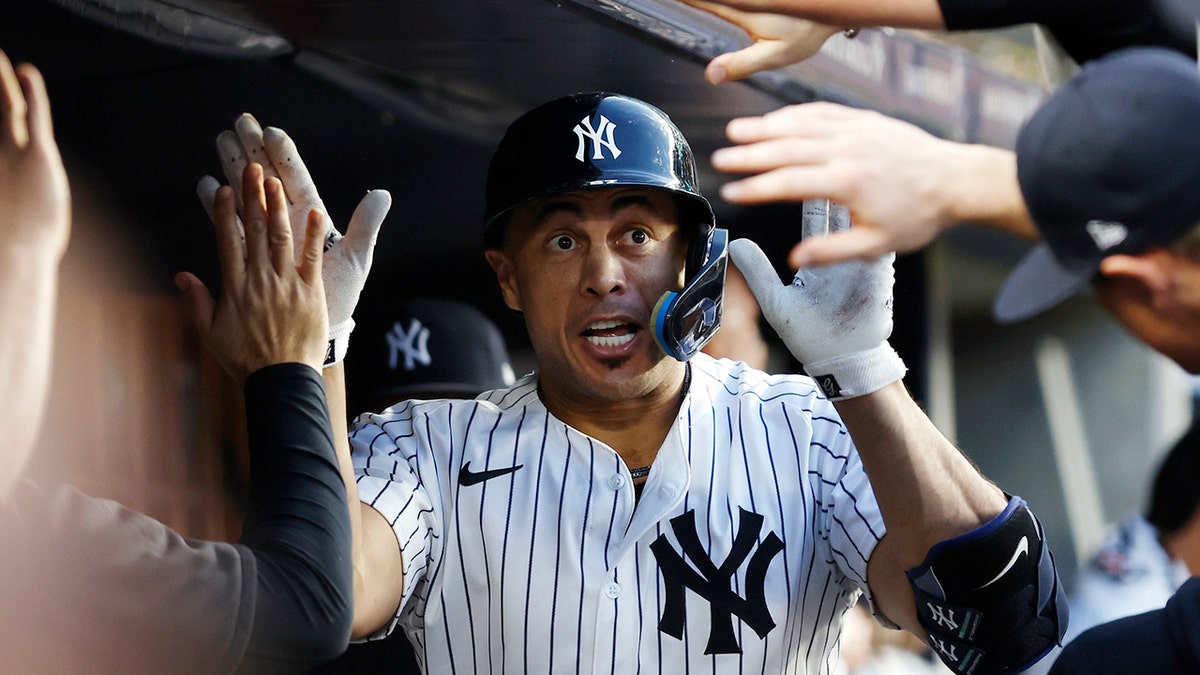 Giancarlo Stanton celebrates home run