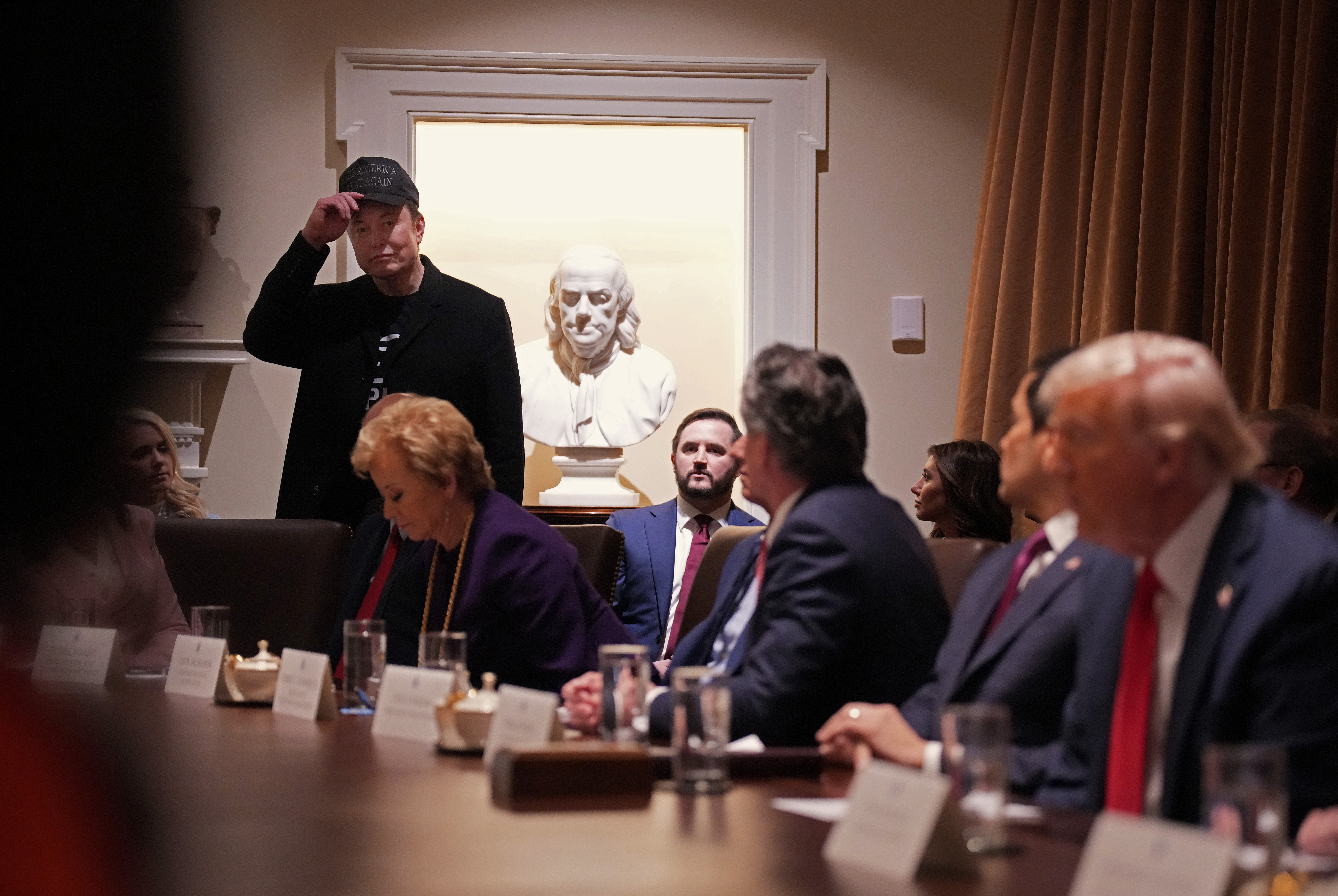 Elon Musk delivers remarks during a Cabinet meeting held by President Trump at the White House on Feb. 26.