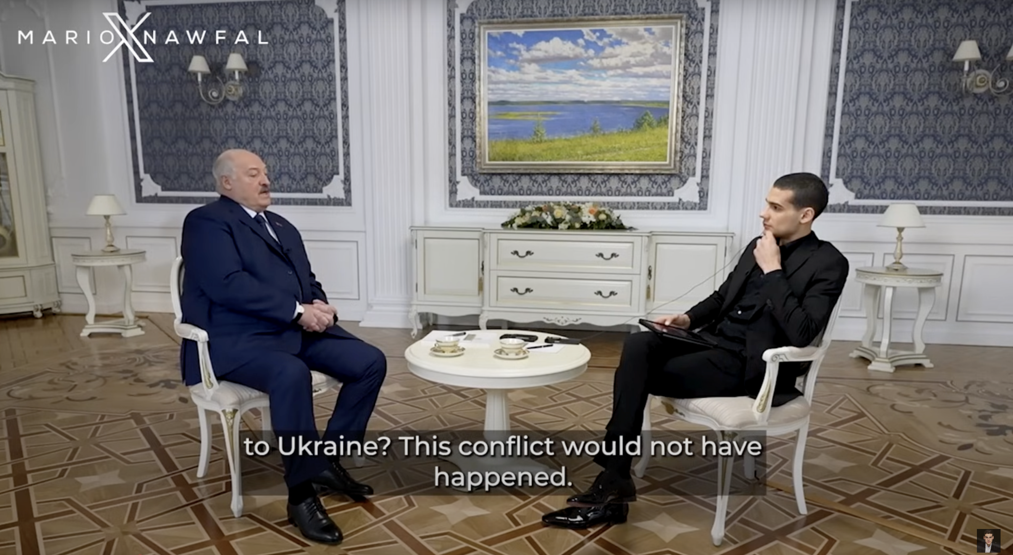 Influencer Mario Nawfal, right, interviewing Belarusian president Aleksandr Lukashenko earlier this year. Lukashenko repeated Russian talking points in the interview about Russia