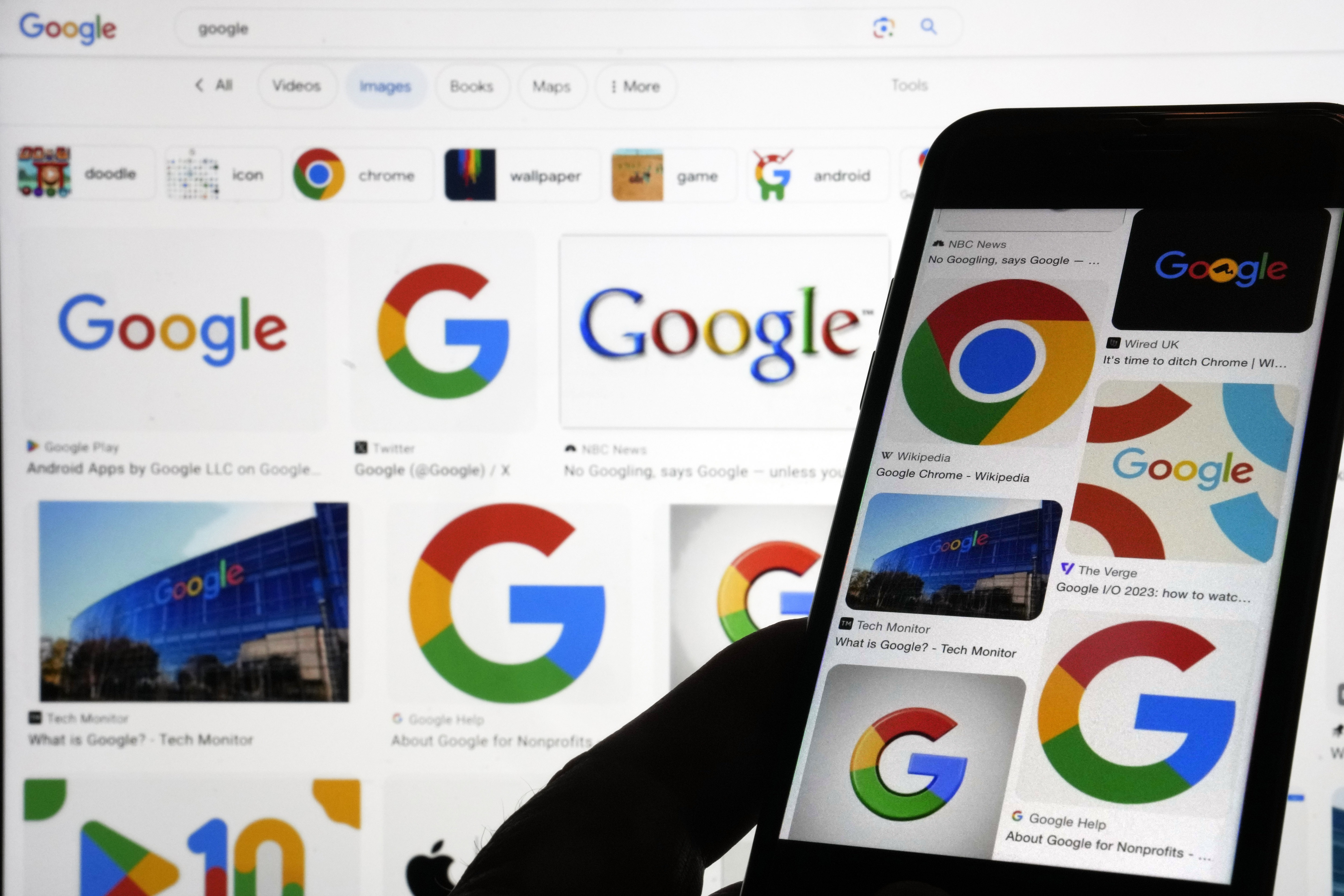 This photo, taken Sept. 11, 2023, shows various Google logos when searched on Google. If government regulators succeed in forcing Google to spin off its Chrome browser business, it