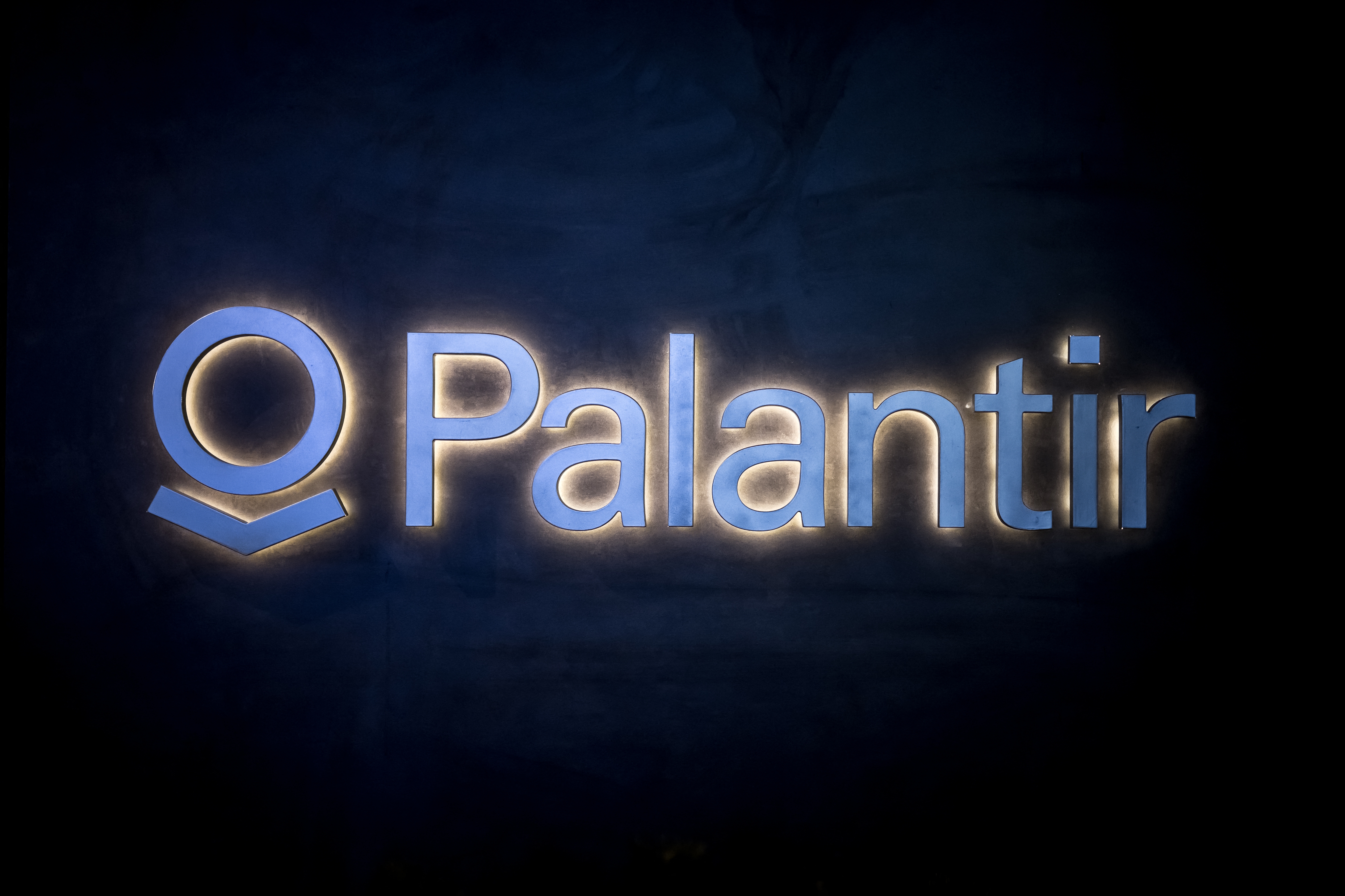 The logo of the big data analytics software company Palantir Technologies on display during the World Economic Forum (WEF) annual meeting in Davos, on Jan. 23, 2025.