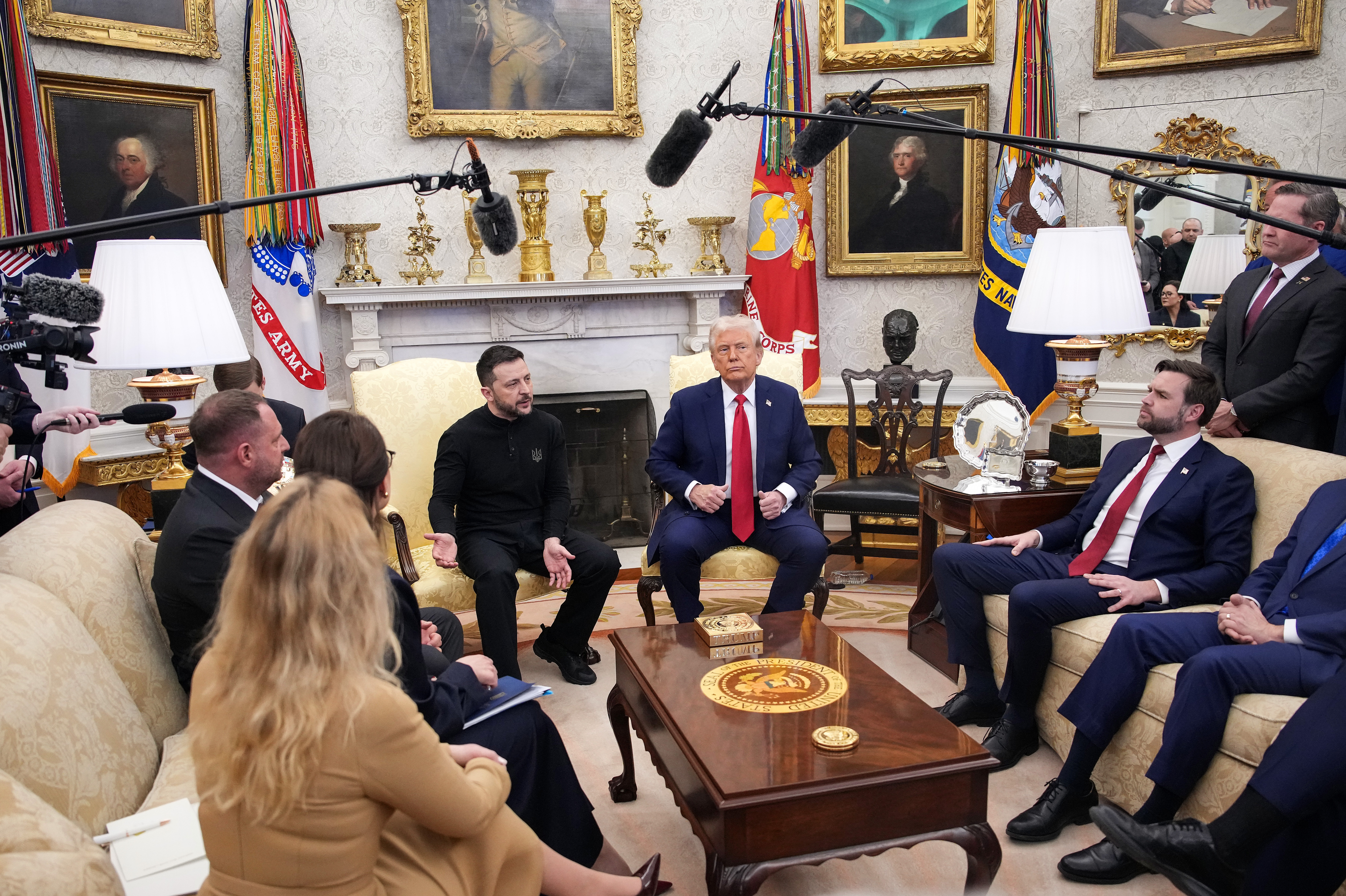 President Trump and Vice President Vance meet with Ukrainian President Volodymyr Zelenskyy in the Oval Office at the White House on Feb. 28. Researchers are testing AI