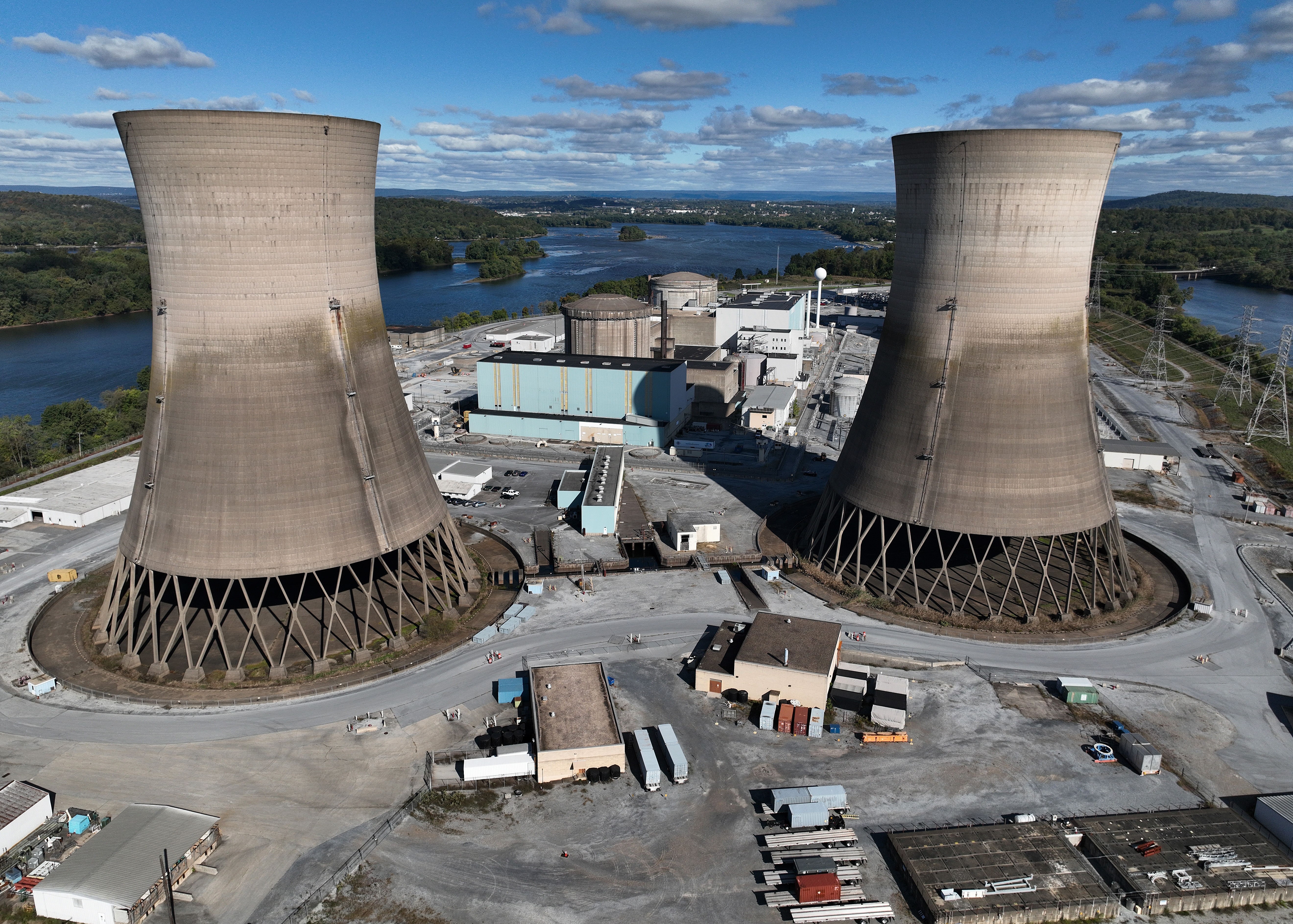 The shuttered Three Mile Island nuclear power plant stands in the middle of the Susquehanna River on October 10, 2024. One of the plant