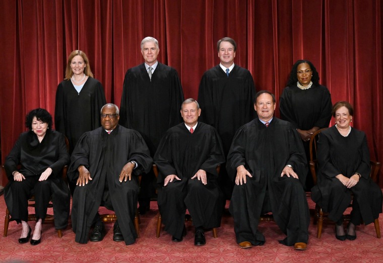 Supreme Court Justices Amy Coney Barrett, Neil Gorsuch, Brett Kavanaugh, Ketanji Brown Jackson, Sonia Sotomayor, Clarence Thomas, Chief Justice John Roberts, Samuel Alito and Elena Kagan in 2022.