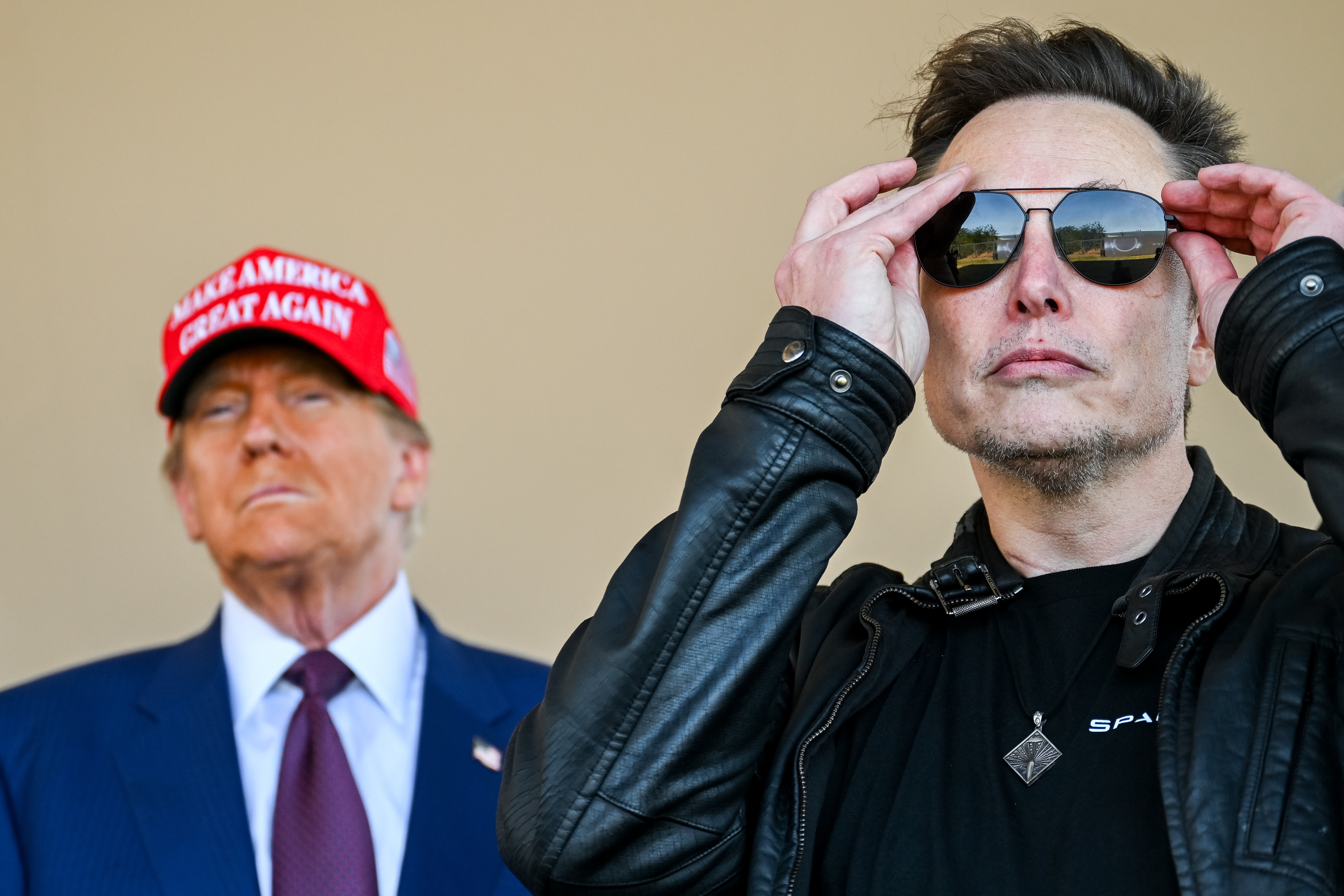 Donald Trump and Elon Musk watch the launch of the SpaceX Starship rocket on November 19, 2024 in Brownsville, Tex. shortly after Trump
