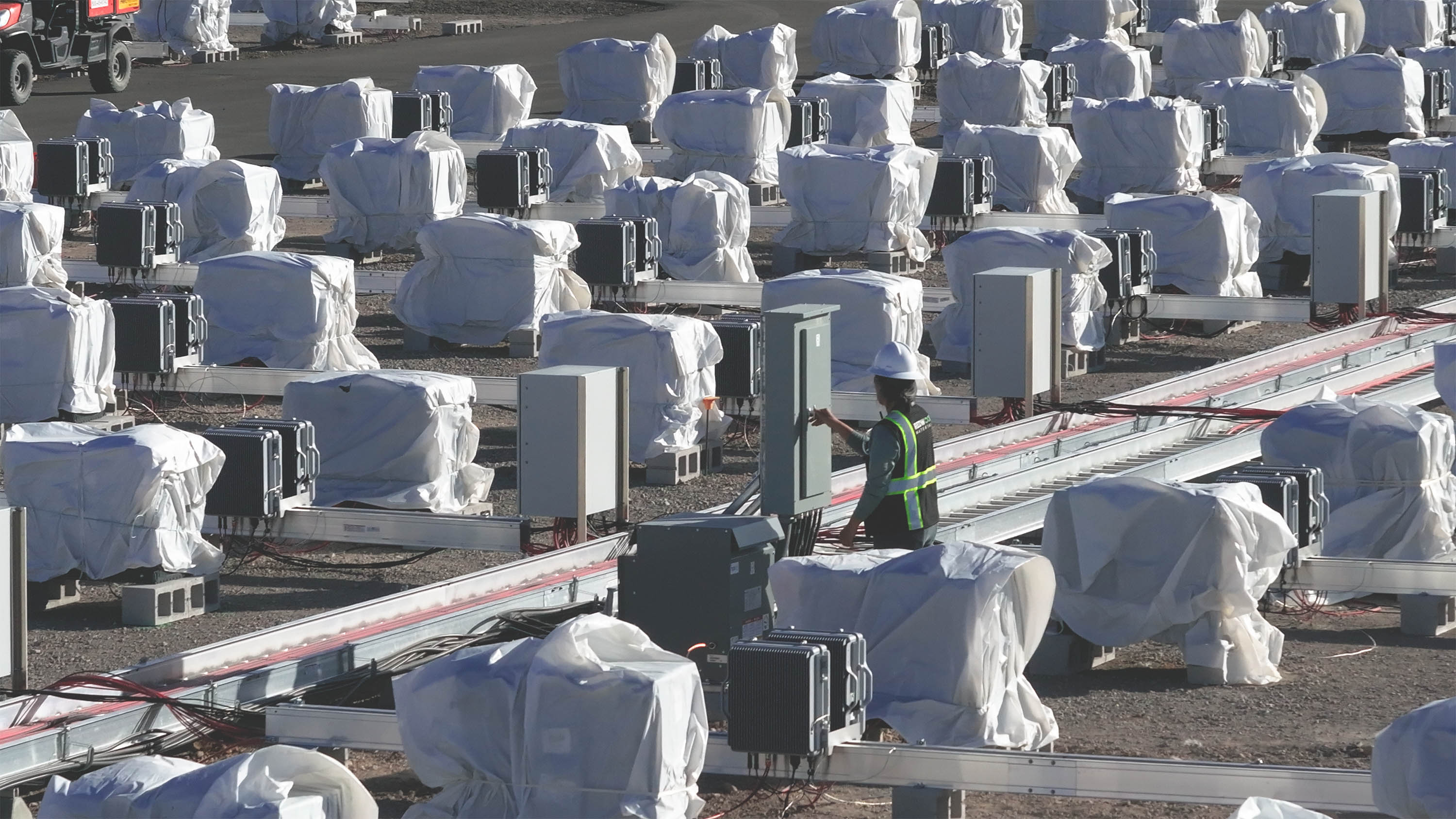 A close up of grid of battery packs from Redwood Materials.