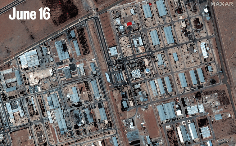 The Isfahan nuclear enrichment facility in central Iran on June 16 and the facility on Sunday following U.S. strikes.