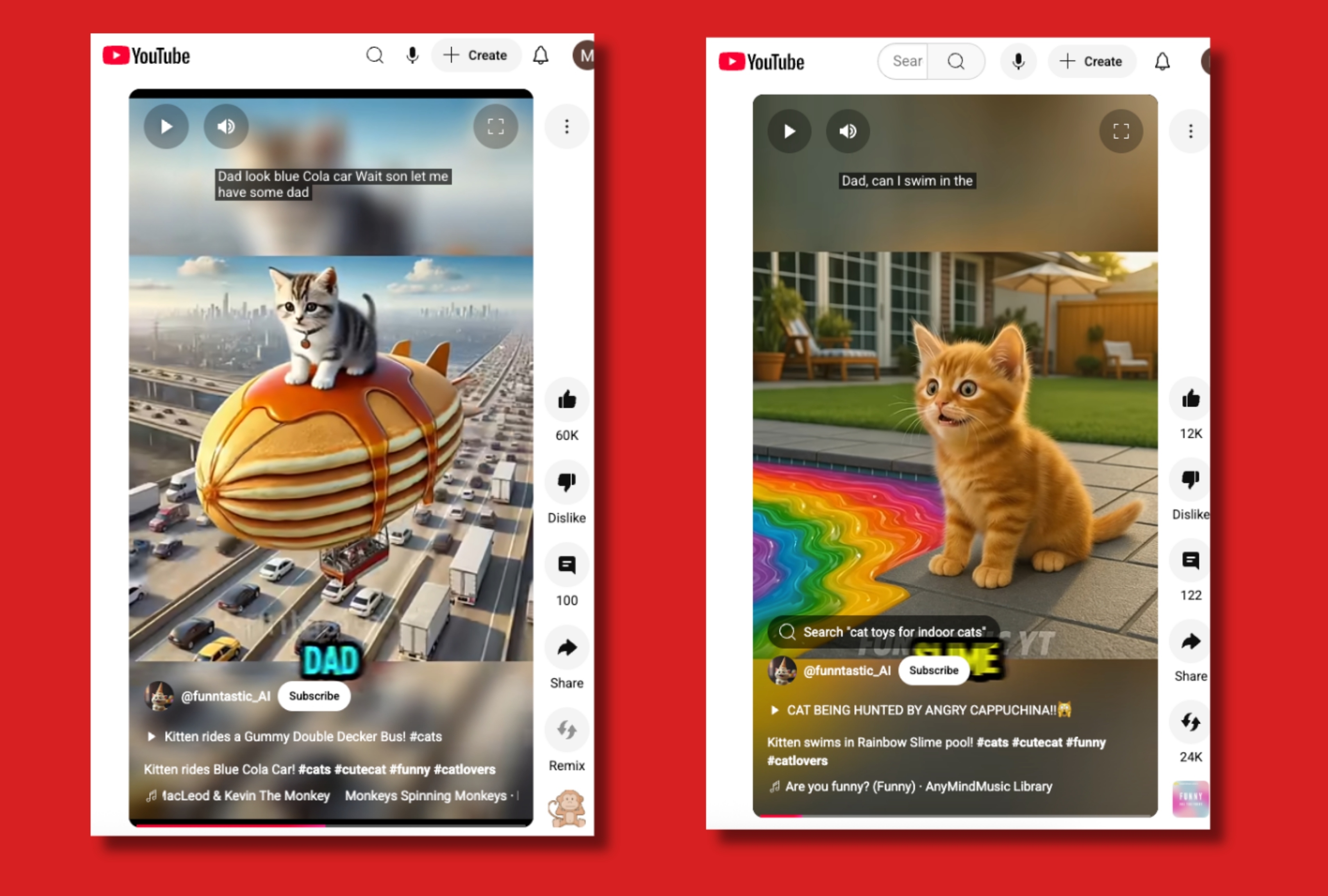 Screenshots of two videos about an adventurous kitten created by Mark Lawrence I Garilao using generative AI for his "FUNTASTIC YT" YouTube channel.
