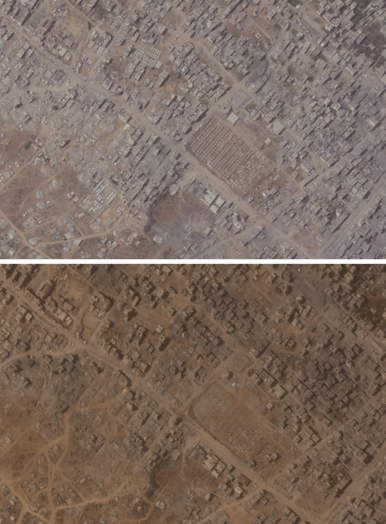 Camp sites south of Gaza City on Aug. 9, above, and Aug. 16.