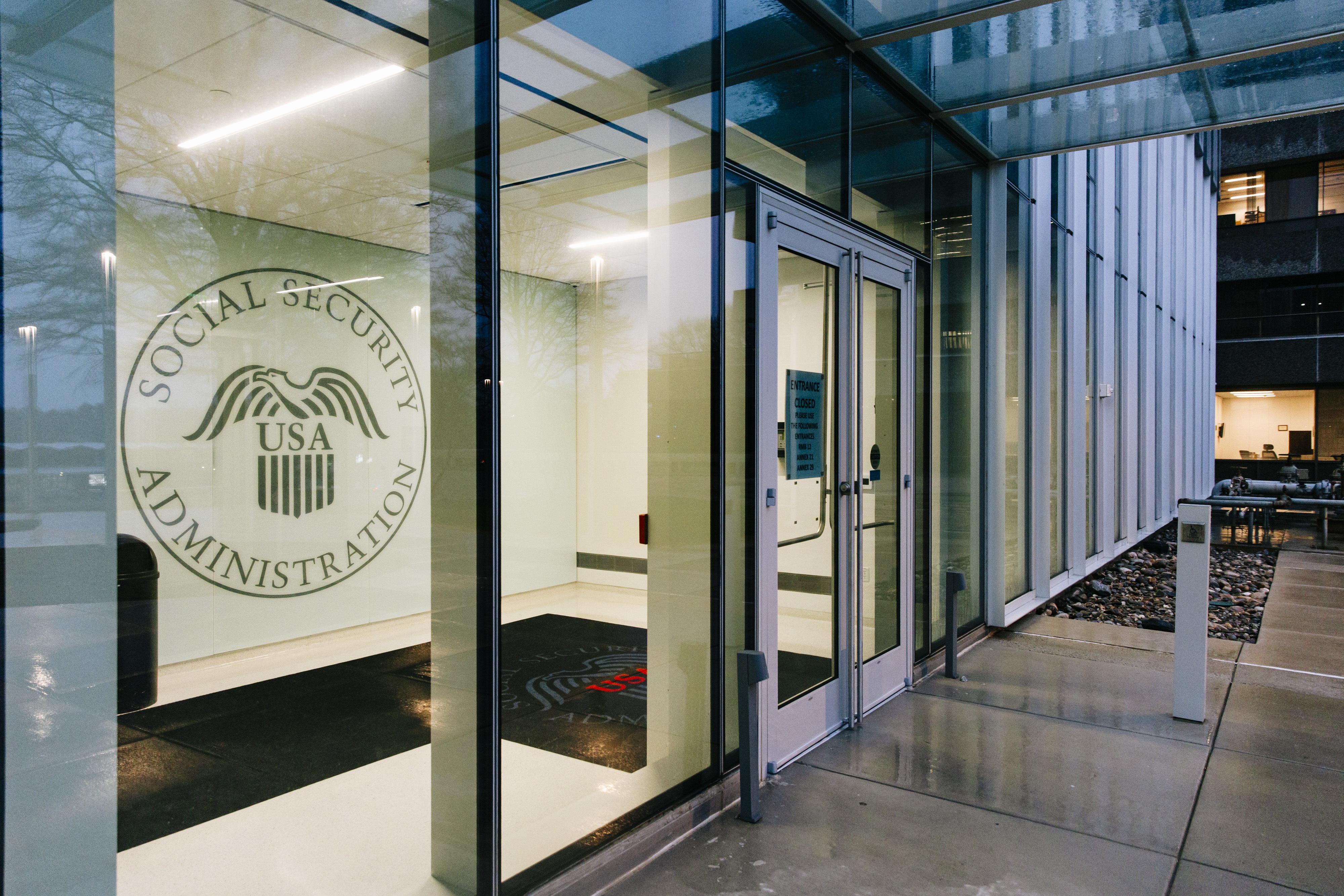 A closed entrance to the Social Security Administration headquarters sits empty in Woodlawn, Md., on March 20.