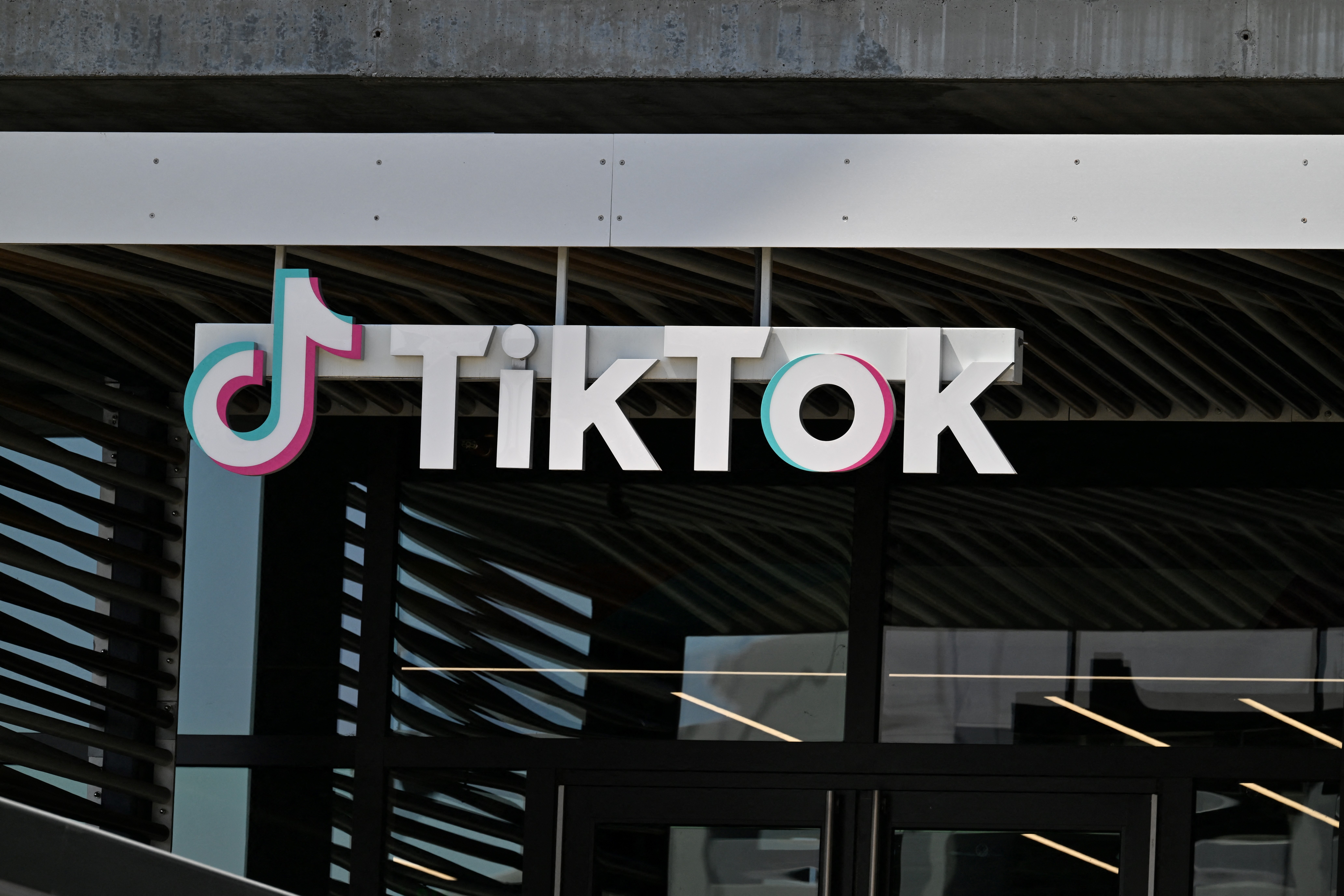 The TikTok logo is seen outside the Chinese video app company
