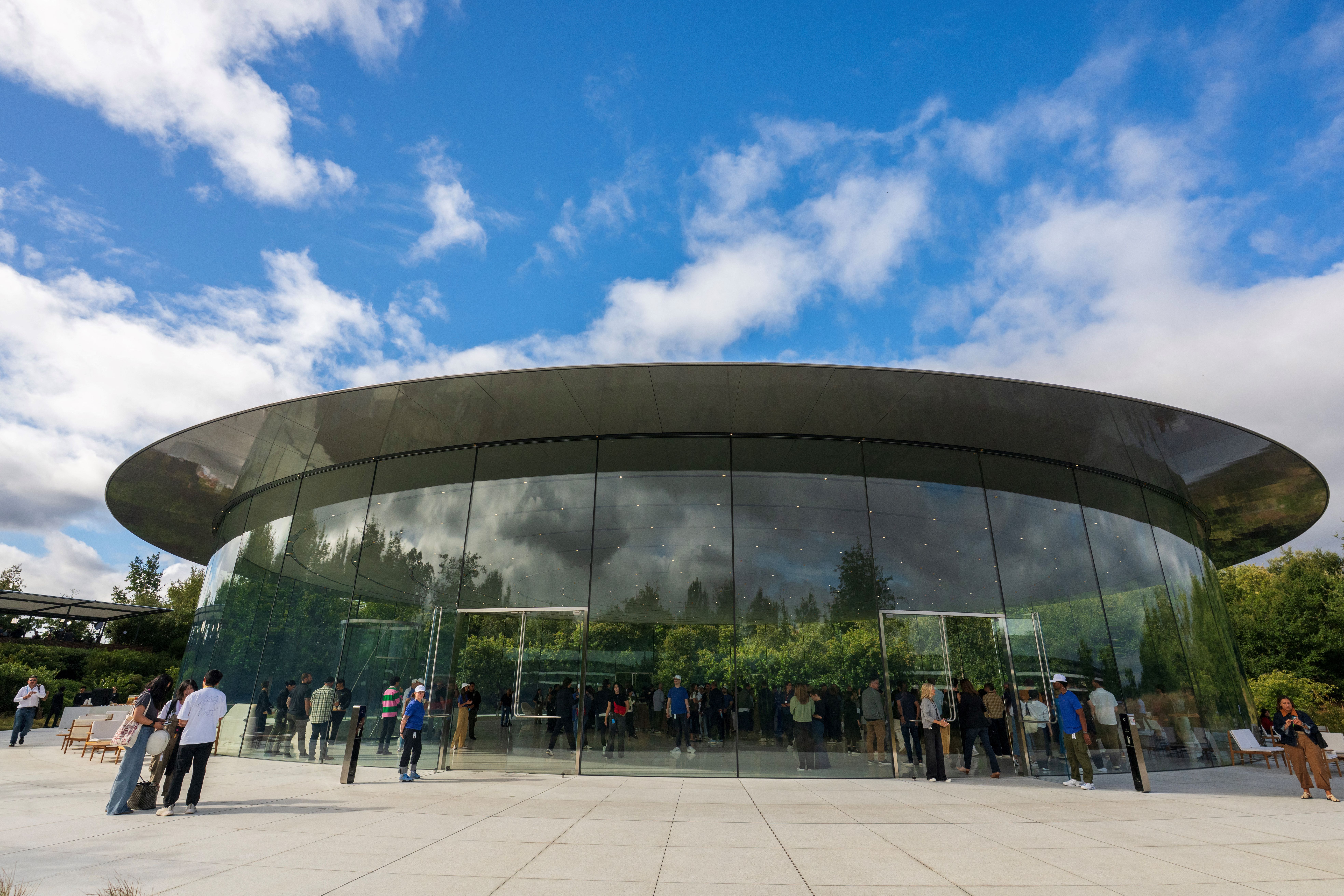 View of the Steve Jobs Theater on the Apple Park campus in Cupertino.