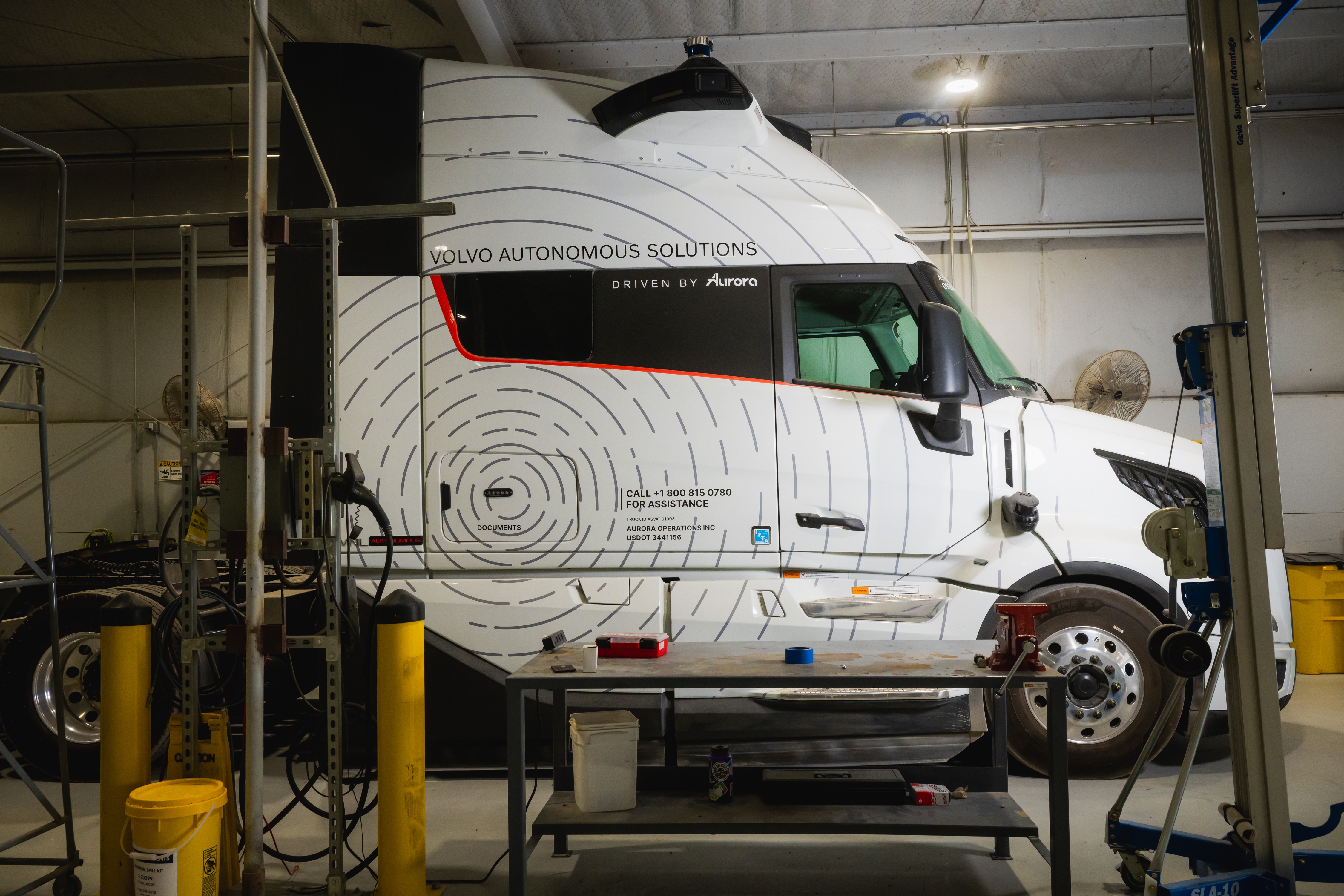 A Volvo Autonomous Solutions truck is seen at Aurora South Dallas Terminal in Palmer, Texas.
