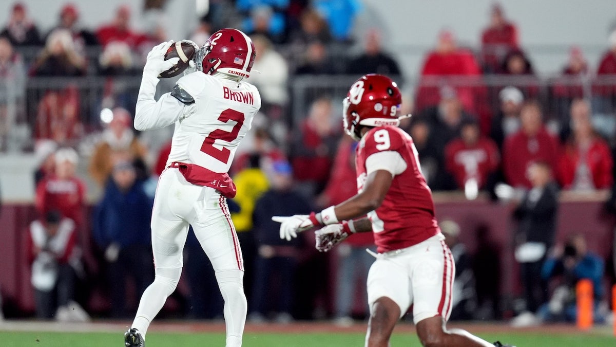 Alabama's Zabien Brown (2) intercepts a pass intended for Oklahoma's Keontez Lewis (9) during the College Football Playoff game between the University of Oklahoma Sooners (OU) and the Alabama Crimson Tide at the Gaylord Family.