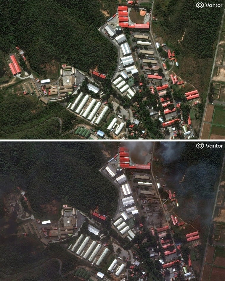 Fort Tiuna in Caracas, Venezuela, on Dec. 22, 2025, top, and on Saturday, following the U.S.'s strikes. 