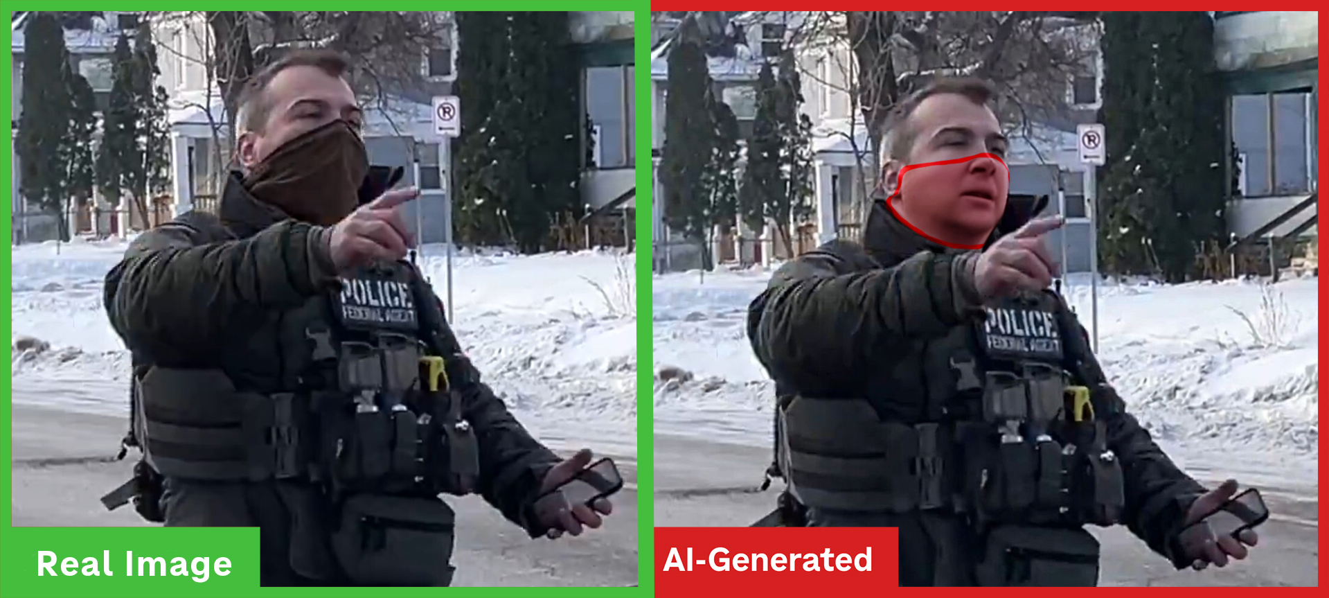An original still image (left) from an eyewitness video shows the masked ICE agent who shot Renee Nicole Good. Users on social media "unmasked" the agent using Grok (right). Experts warn that AI cannot "unmask" individuals. NPR is publishing both images to show how AI is being used to manipulate images of news events.
