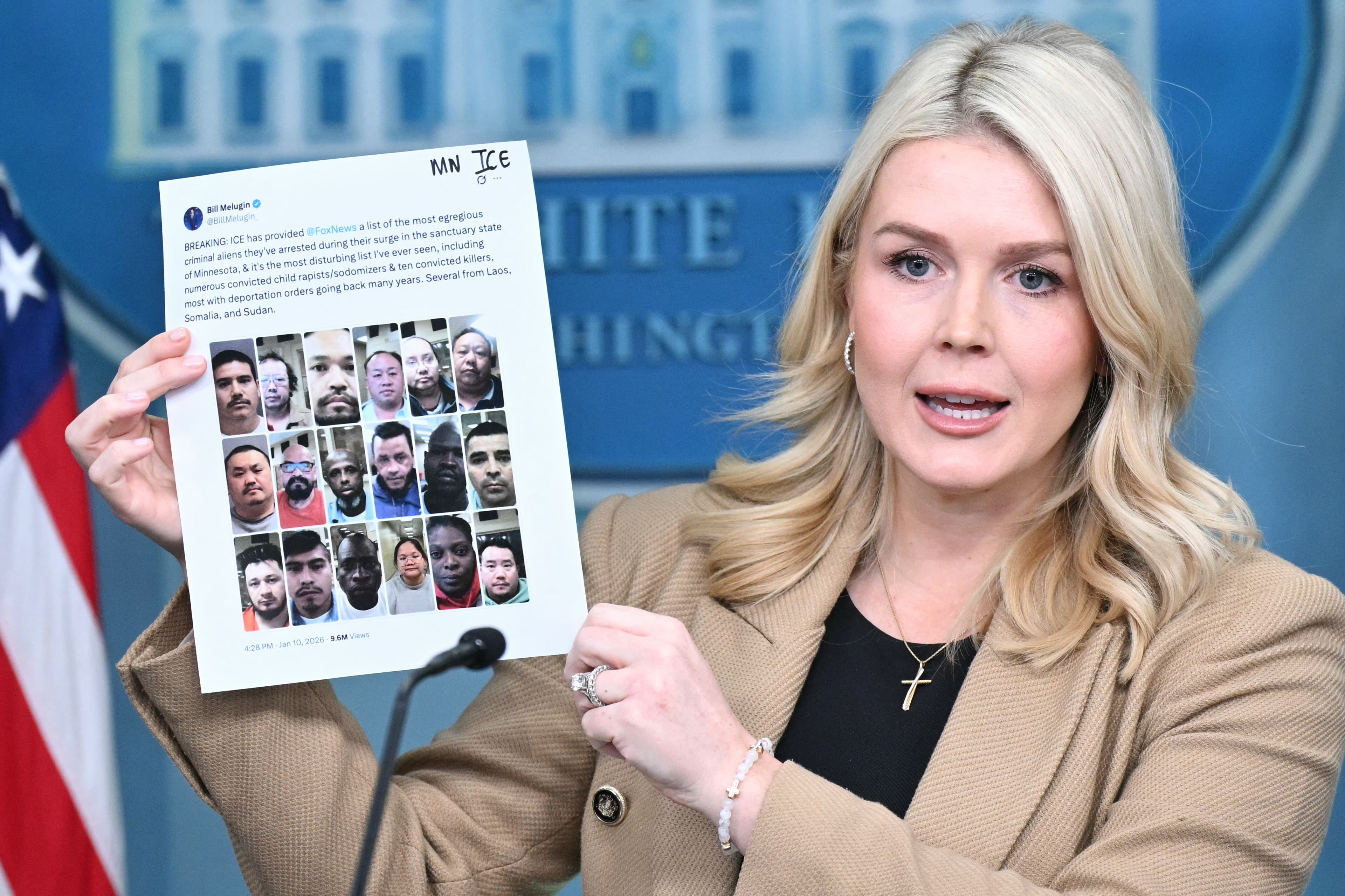 White House Press Secretary Karoline Leavitt holds up a printout of a social media post with pictures of alleged undocumented criminals arrested recently by Immigration and Customs Enforcement (ICE) in Minnesota as she speaks during a press briefing at the White House on Jan. 15, 2026.