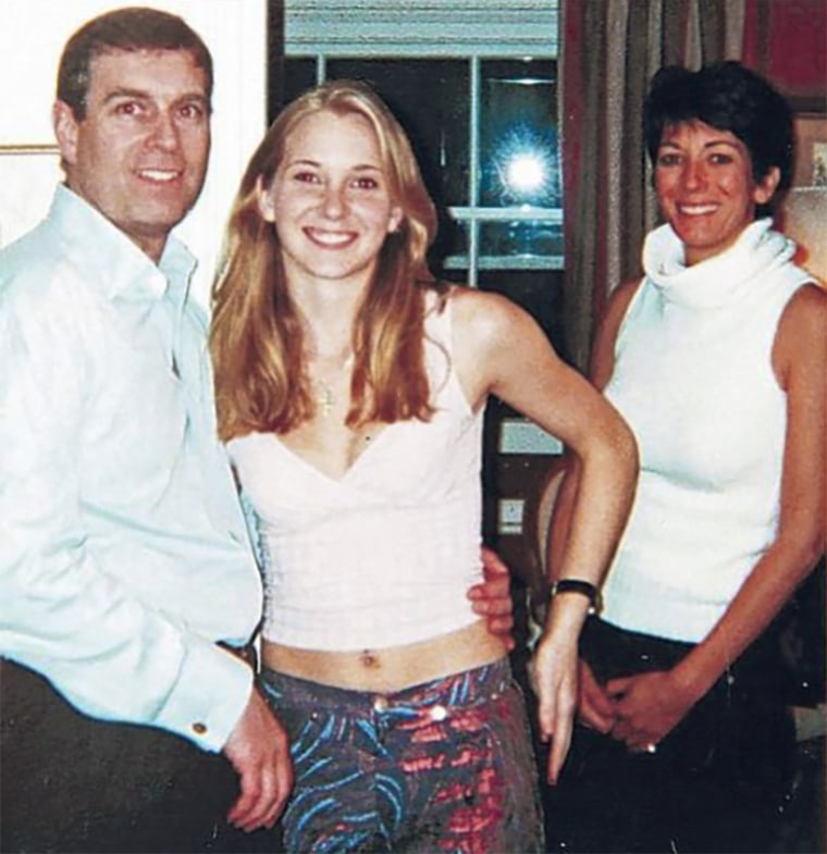Virginia Giuffre (then Roberts) with Andrew Mountbatten-Windsor and Ghislaine Maxwell at the then-prince's London home in a photo released with court documents.