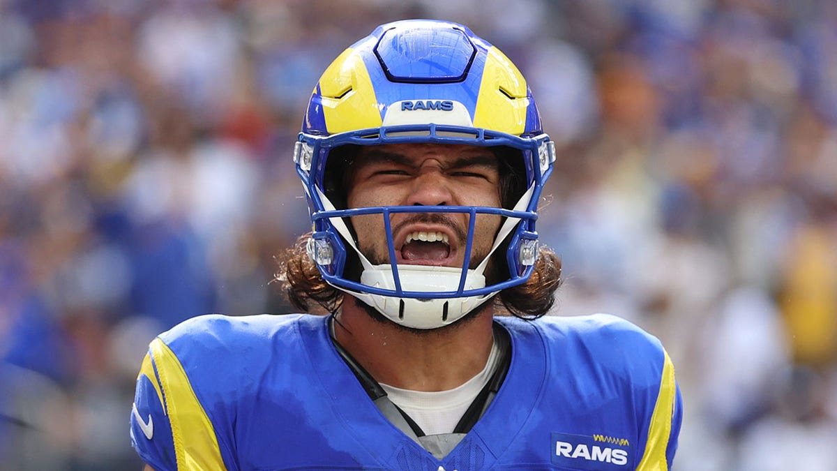 Puka Nacua reacts after touchdown