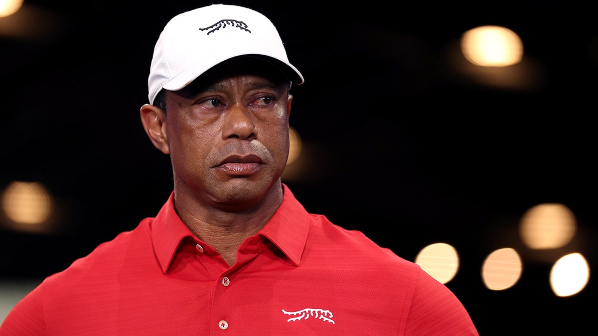 Tiger Woods looking on after a golf match at SoFi Center in Palm Beach Gardens Florida