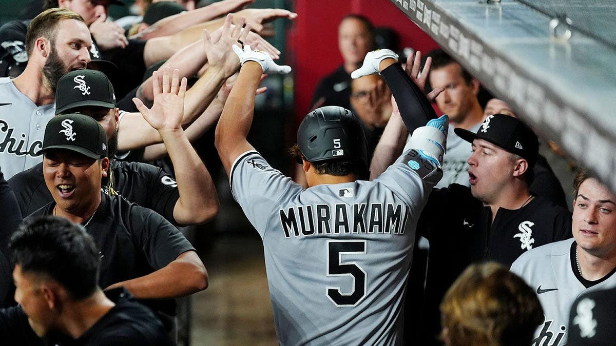 Chicago White Sox's Munetaka Murakami celebrating a home run during a baseball game in Phoenix