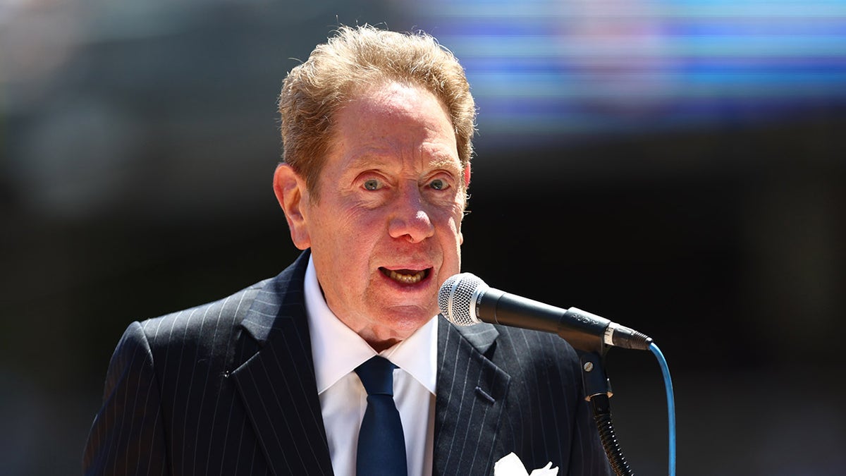 John Sterling speaking at Old Timers Day ceremony at Yankee Stadium