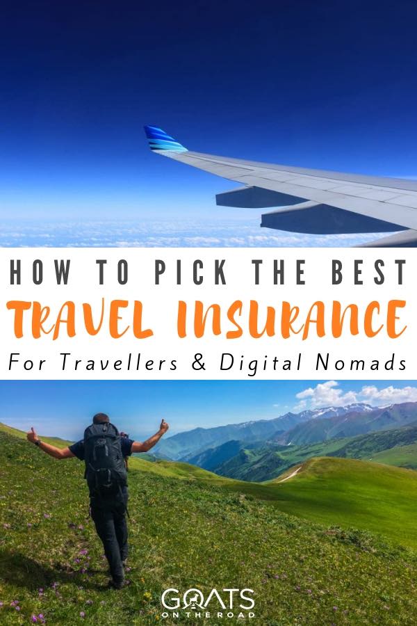 Are you a traveller going on cruises for your vacation? Or are you a digital nomad living in different countries around the world? Whatever your travel style, travel insurance is so important for your safety. We review the top 4 companies for your travel lifestyle, so check out our tips on each so you can make your pick! | #travelinsurance #nomadlifestyle #digitalnomad hiking along the mountains and plane wing with text overlay how to pick the best travel insurance