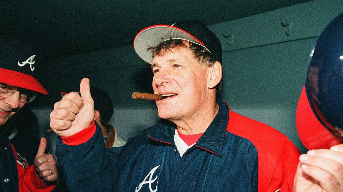 Bobby Cox celebrating at Atlanta-Fulton County Stadium during 1995 World Series game