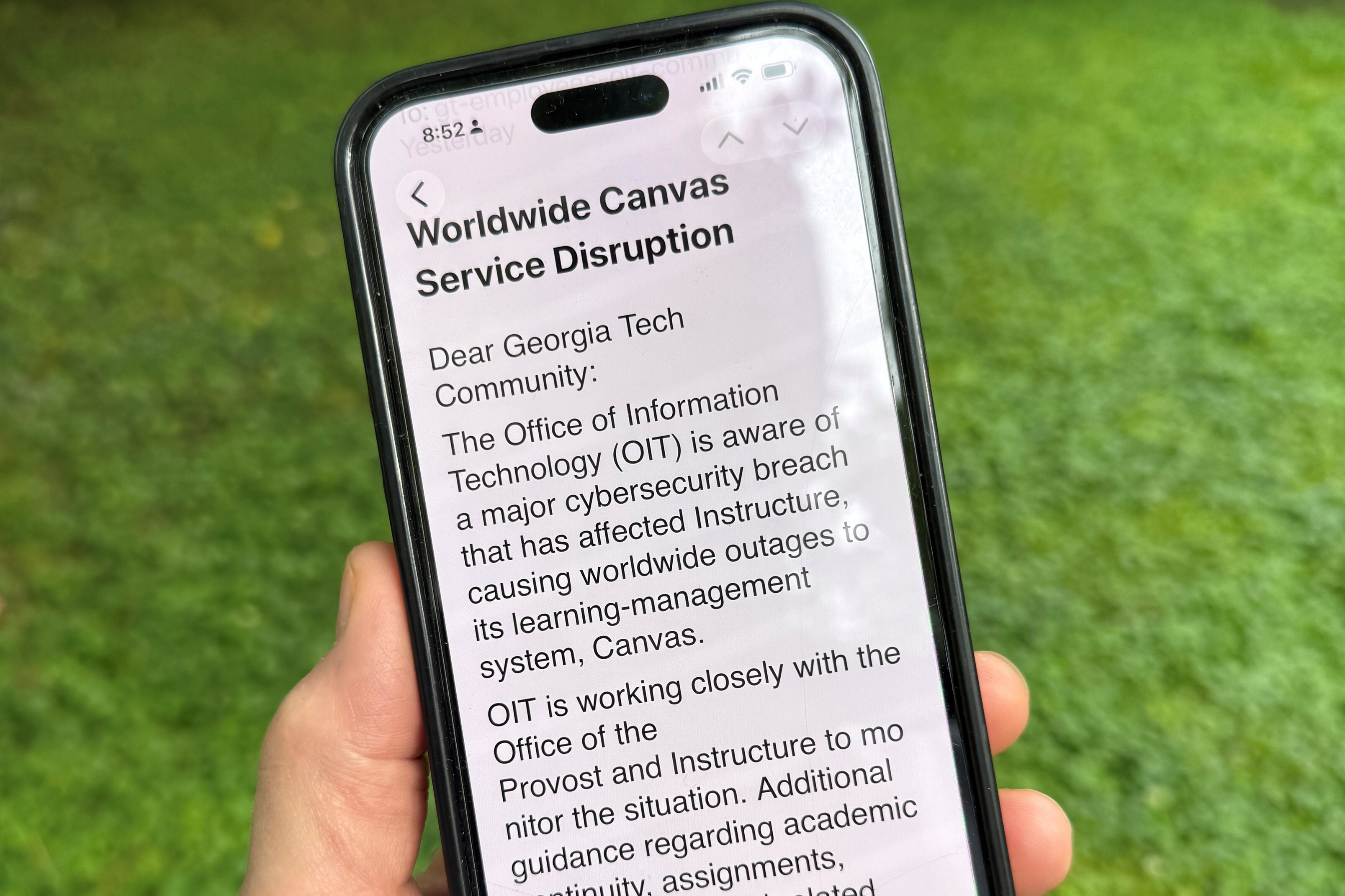 An image of a notice sent by Georgia Tech