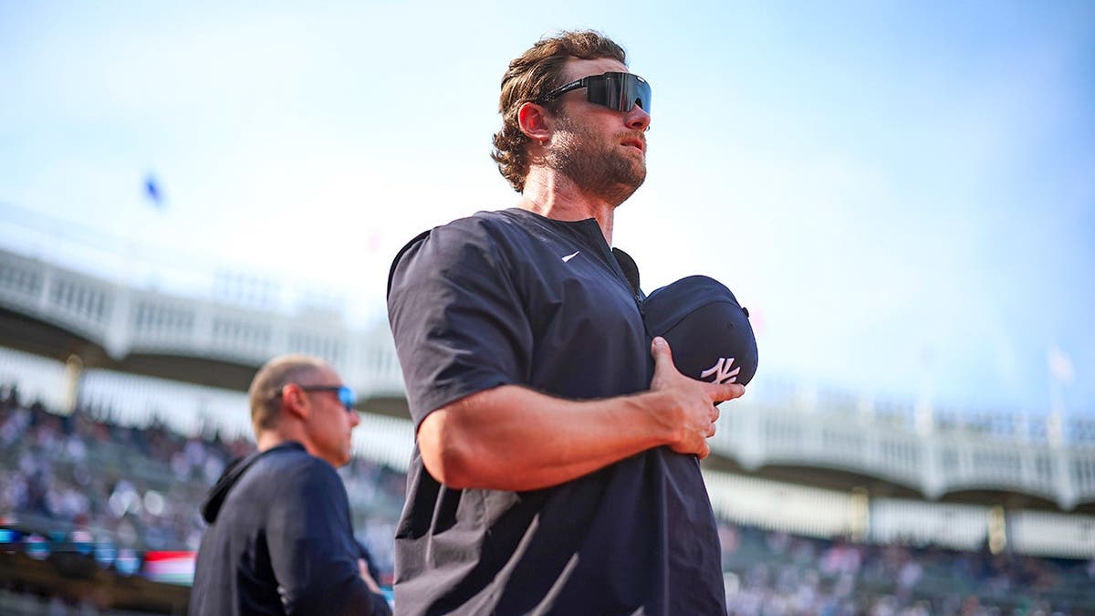 Gerrit Cole standing for the national anthem at Yankee Stadium