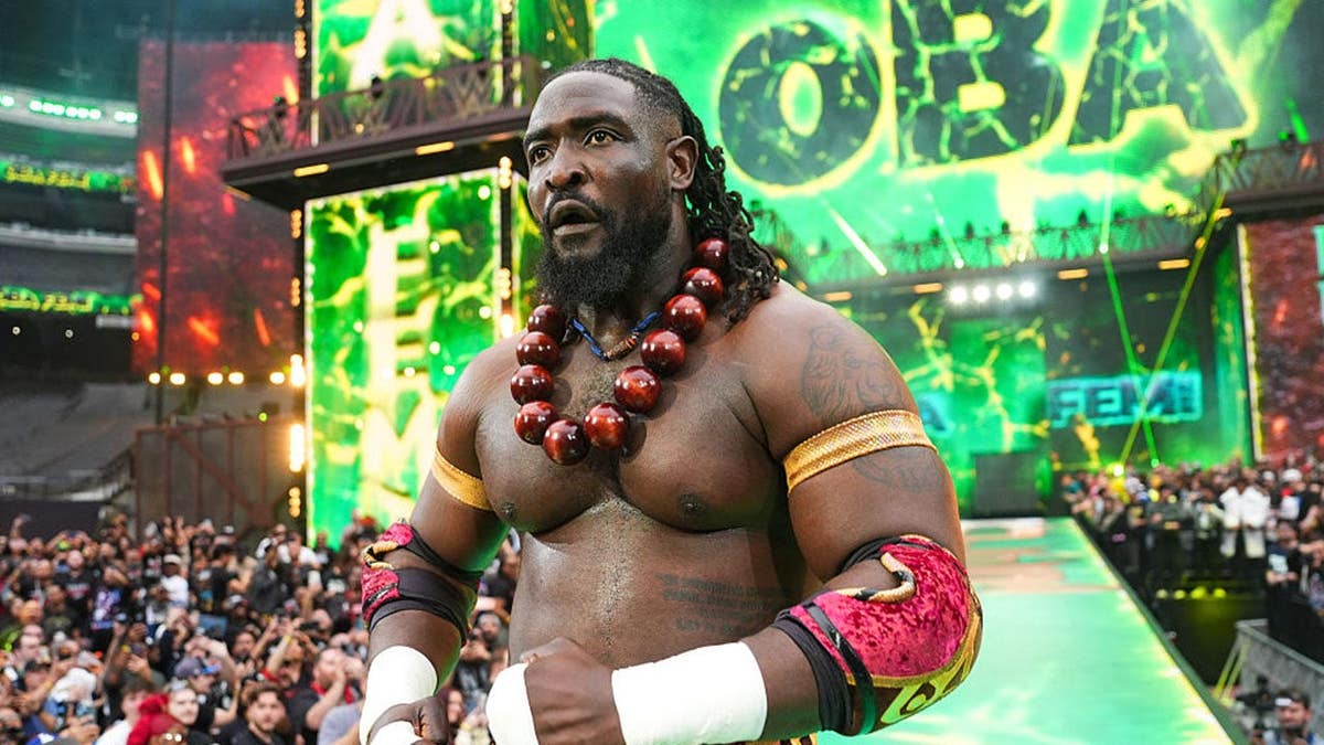 Oba Femi entering the wrestling ring at Allegiant Stadium in Las Vegas