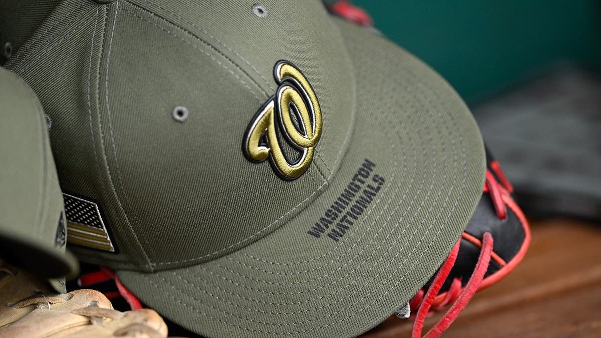 Washington Nationals Armed Forces Weekend cap in dugout at Nationals Park