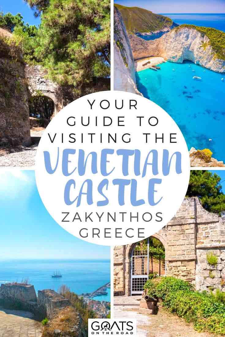 Planning a trip to Zakynthos in Greece? One of the best things to do while there is to explore the Venetian Castle and Zante Town. We’ll help you plan your trip there, including how to get there, what it will cost and how long to stay. | #venetiancastle #zakynthostravel #europetravel Venetian castle with text overlay your guide