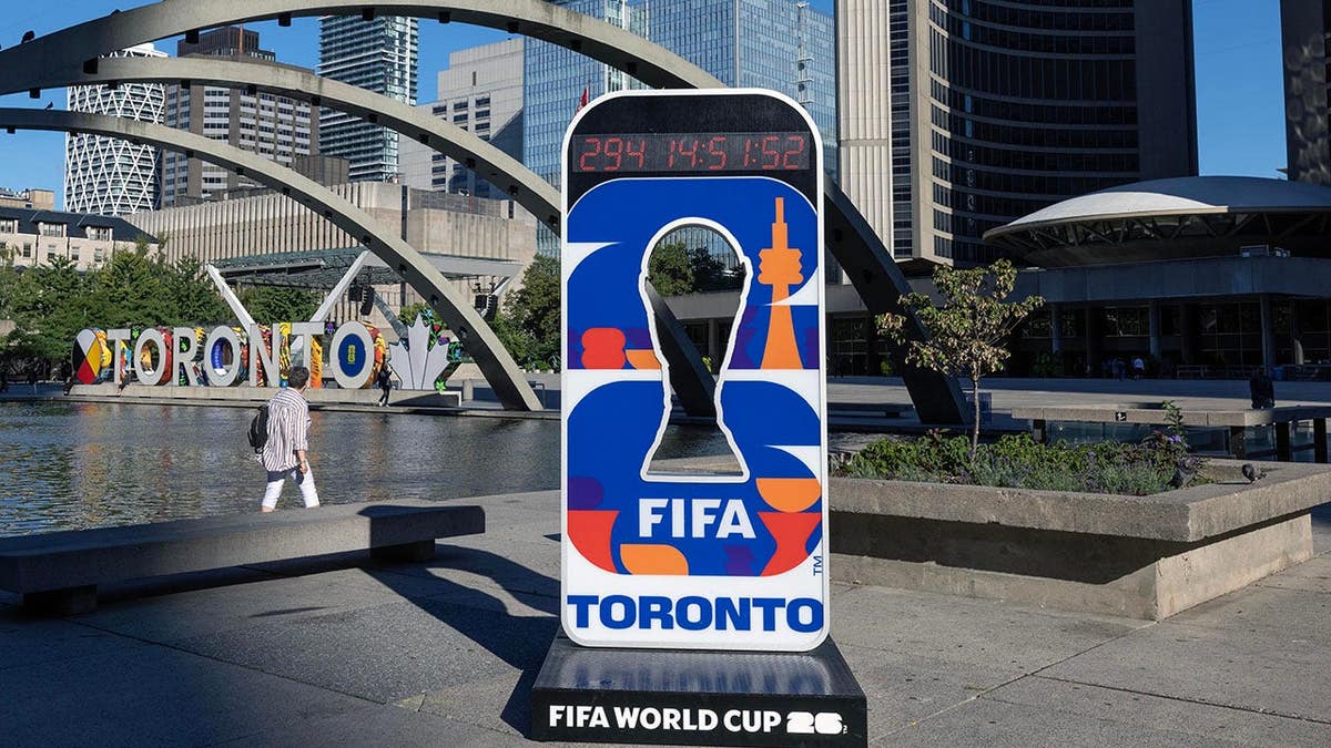 FIFA World Cup 2026 countdown clock at Nathan Phillips Square in Toronto